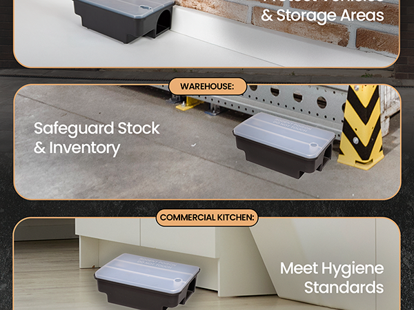 Outdoor rat trap used in garage warehouse and kitchen to help deter rodents indoors and out