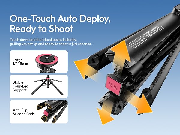 Text reads 'One-Touch Auto Deploy, Ready to Shoot.' Black and orange portable camera tripod with quick-release mechanism and deployment system shown from side view.