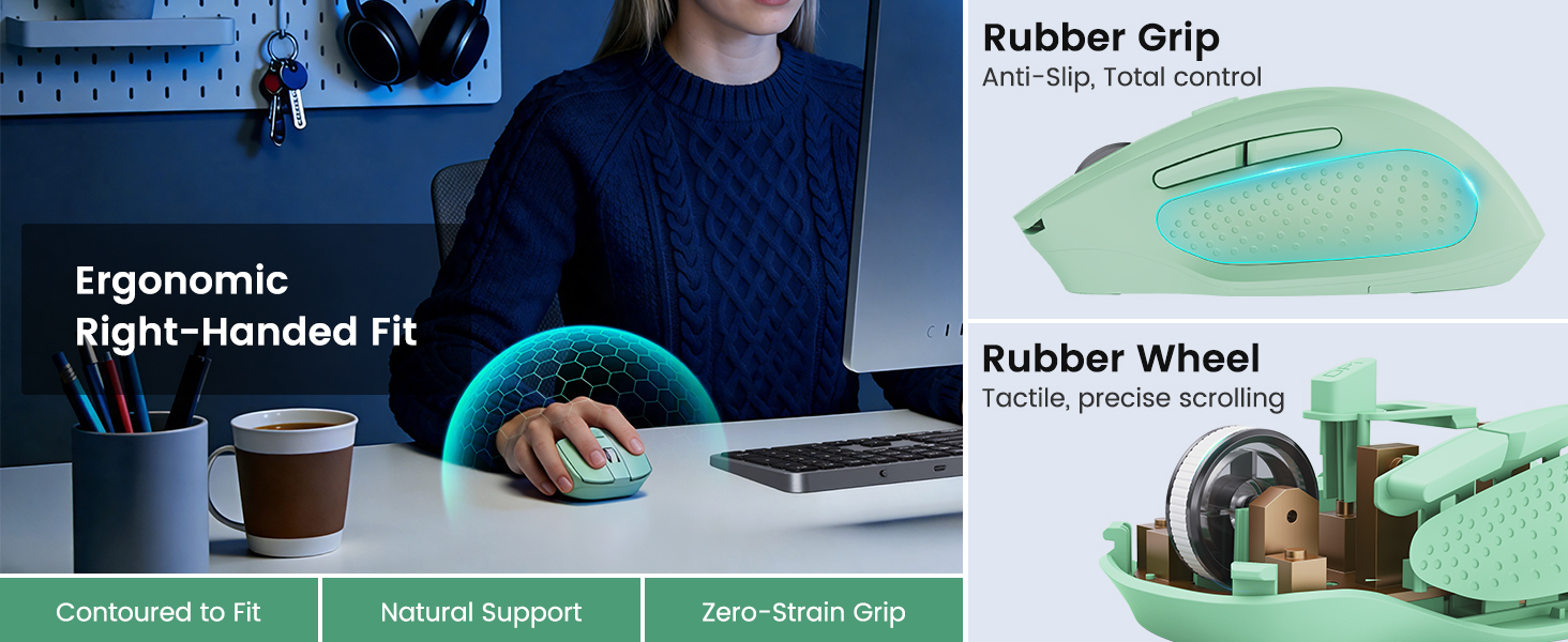 Right-Hand Ergonomic mouse with Anti-Slip Rubber Grip and Textured Scroll Wheel for Precise Control.