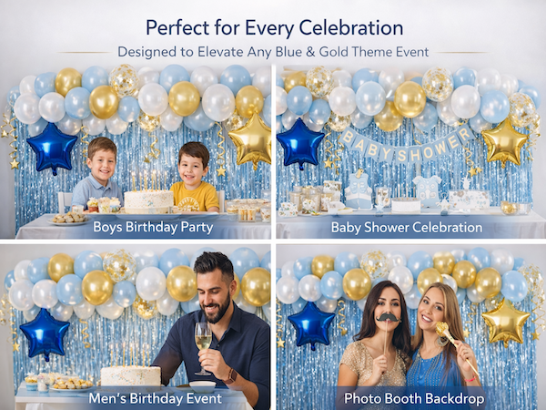 Blue and gold balloon party setup for birthday and baby shower events
