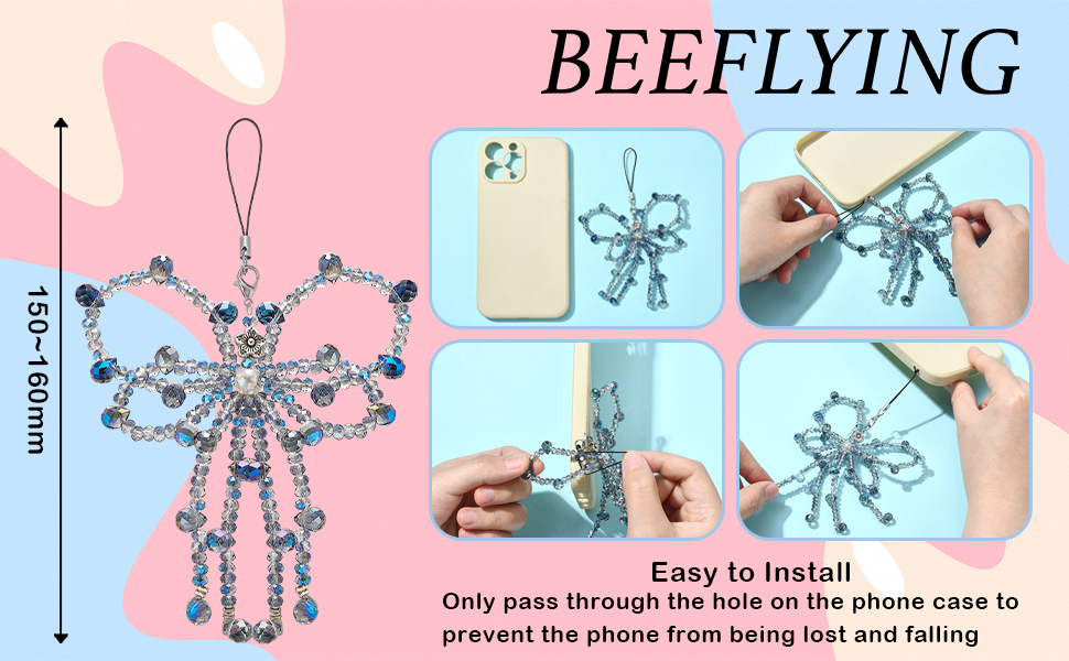 Glass Beads Bowknot Phone Charm Y2K Cellphone Charm Strap for Women Bags Keychain Camera