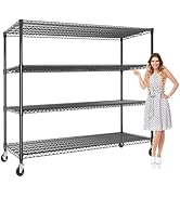 4-Tiers Storage Shelves 73" H Heavy Duty Metal Shelving with Wheels, 2640LBS Load Wire Shelving R...