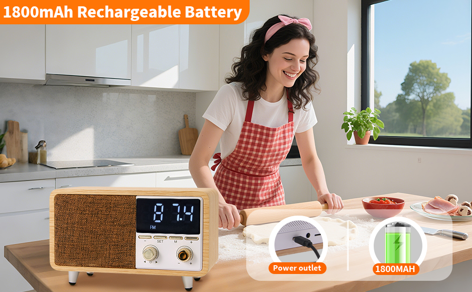 Woman listening to portable wood speaker while baking.