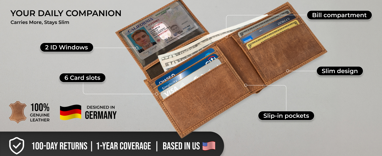 Open mens wallet leather bifold wallet with 6 card slots, 2 ID windows and bill compartment