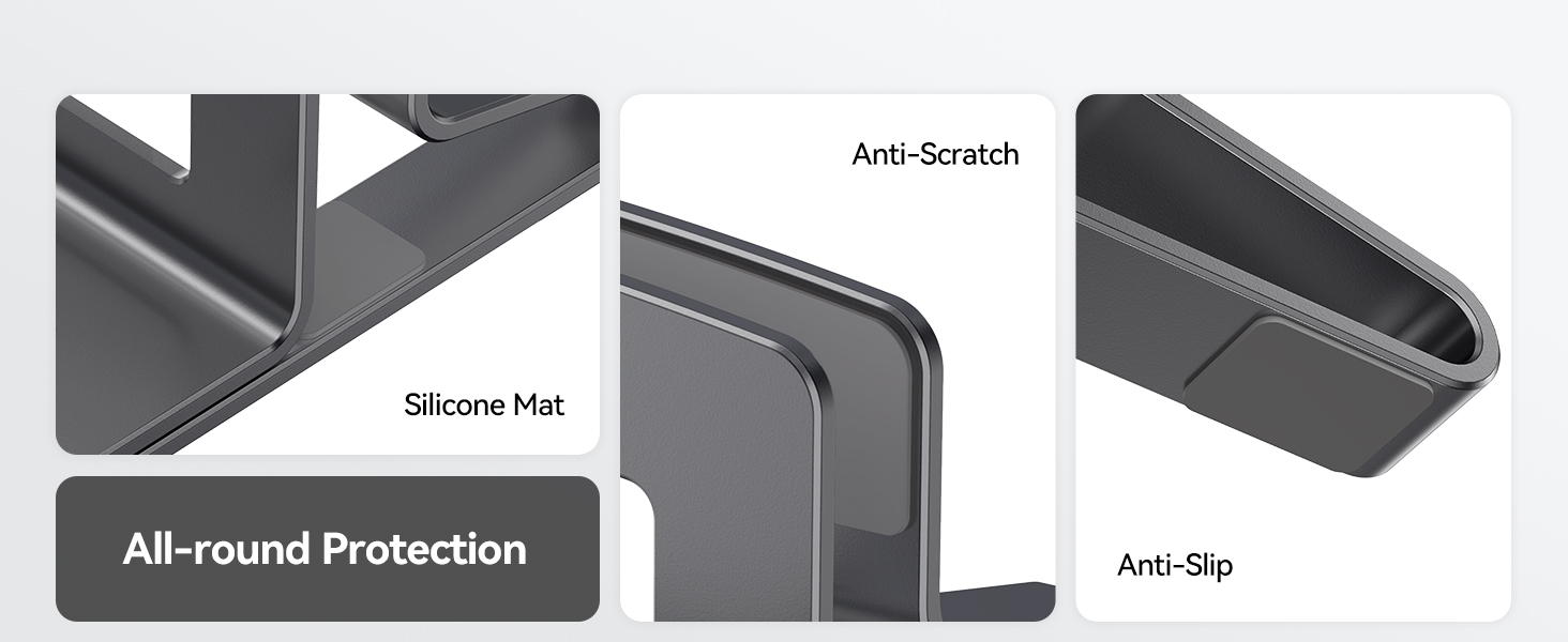 Gaming laptop stand with silicone pads on slots and base to prevent slipping or scratching.