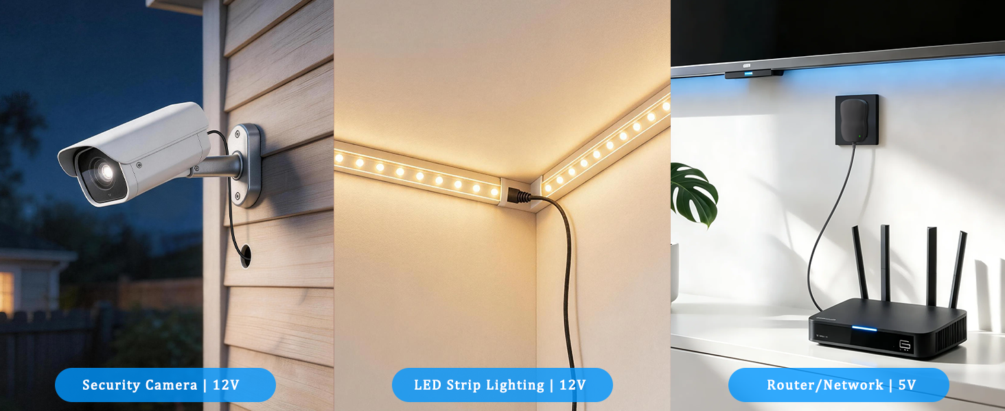 you can use the power adaper for security camera, LED strip lights, router and more small electronic