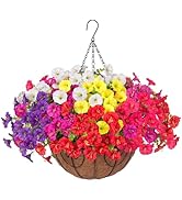 Artificial Faux Hanging Flowers Plant Basket for Outdoor, Silk Morning Glory with Eucalyptus in P...