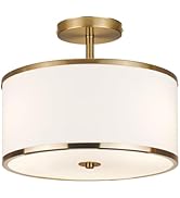 CALOKES Luxury Semi Flush Mount Ceiling Light, 3-Light Drum Lamp with Gold Brass Finish and Fabri...