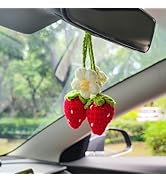 HFZRZFH Handmade Crochet Red Strawberry and Flower Car Rear View Mirror Hanging Ornament - Cute A...
