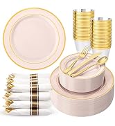 WDF Partyware 350PCS Pink Disposable Plates - Pink Plastic Plates 50Guests Plastic Dinnerware Set...