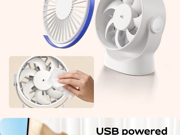 White circular fan device shown from multiple angles, featuring removable components and blue accent ring. Text indicates 'USB powered'.