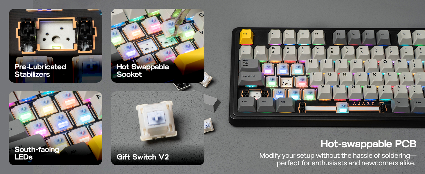 Collection of mechanical keyboard accessories including keycaps and decorative elements shown in multiple product shots with dark background.