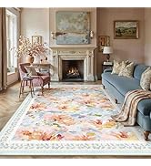 WondRg 8x10 Washable Area Rug Blue Living Room Bedroom Floral Throw Rug Abstract Modern Non Slip ...