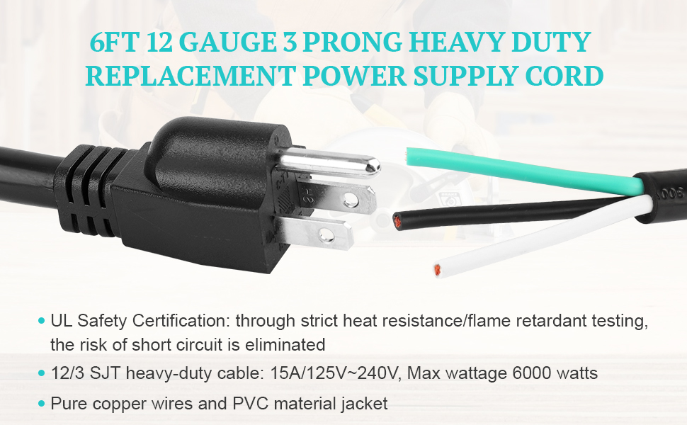 6ft 12 Gauge 3 Prong Heavy Duty Replacement Power Supply Cord