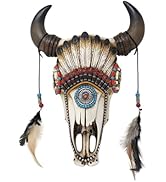 Southwest Faux Bull Skull Wall Decor with Feather Headdress – Rustic Resin Western Art for Home C...