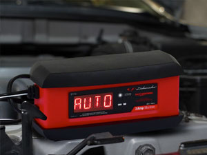 Car battery charger with reverse polarity protection, which prevents damage if clamps are reversed.