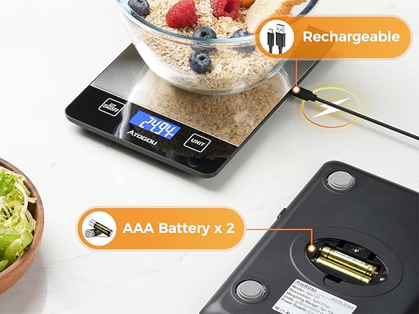 Atogou Food Scale, 33lb/15kg Rechargeable Kitchen Scale with Full-View Backlit LCD Display