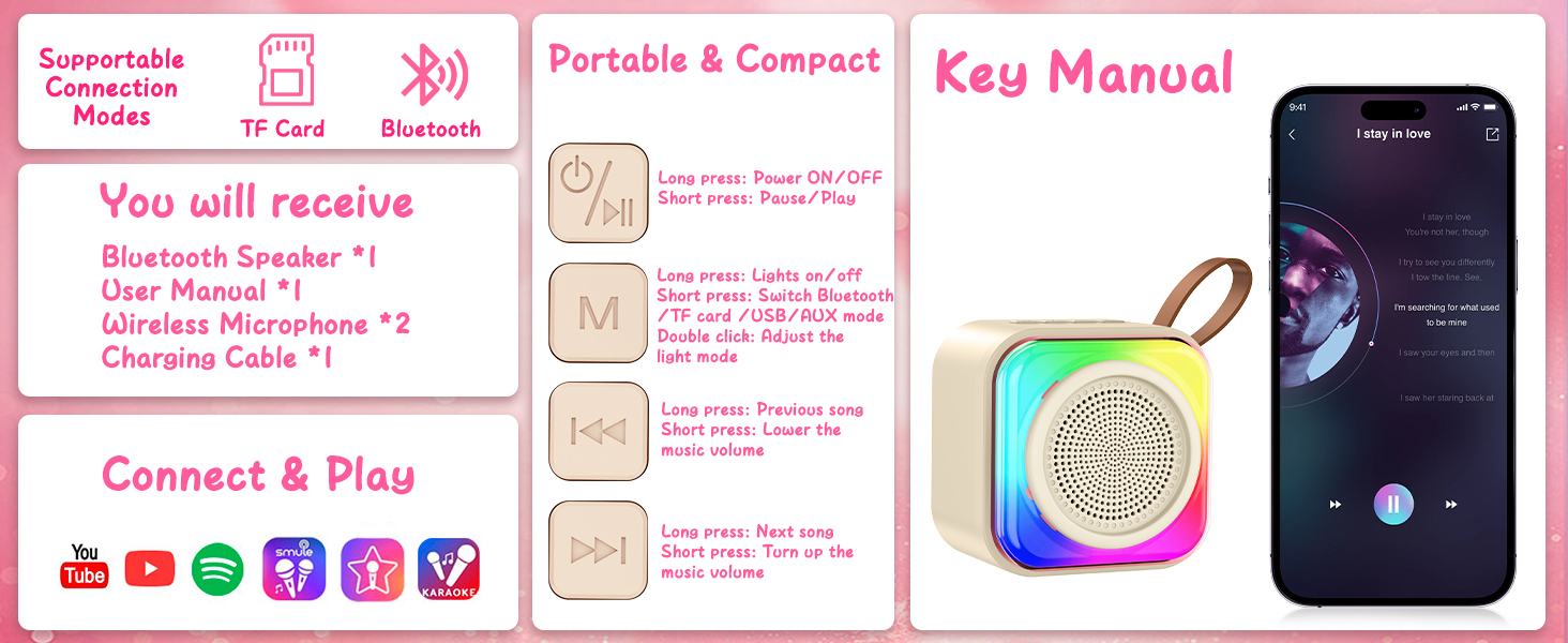 Karaoke Machine for Kids Adults, Portable Bluetooth Mini Karaoke Microphone Singing Speaker
