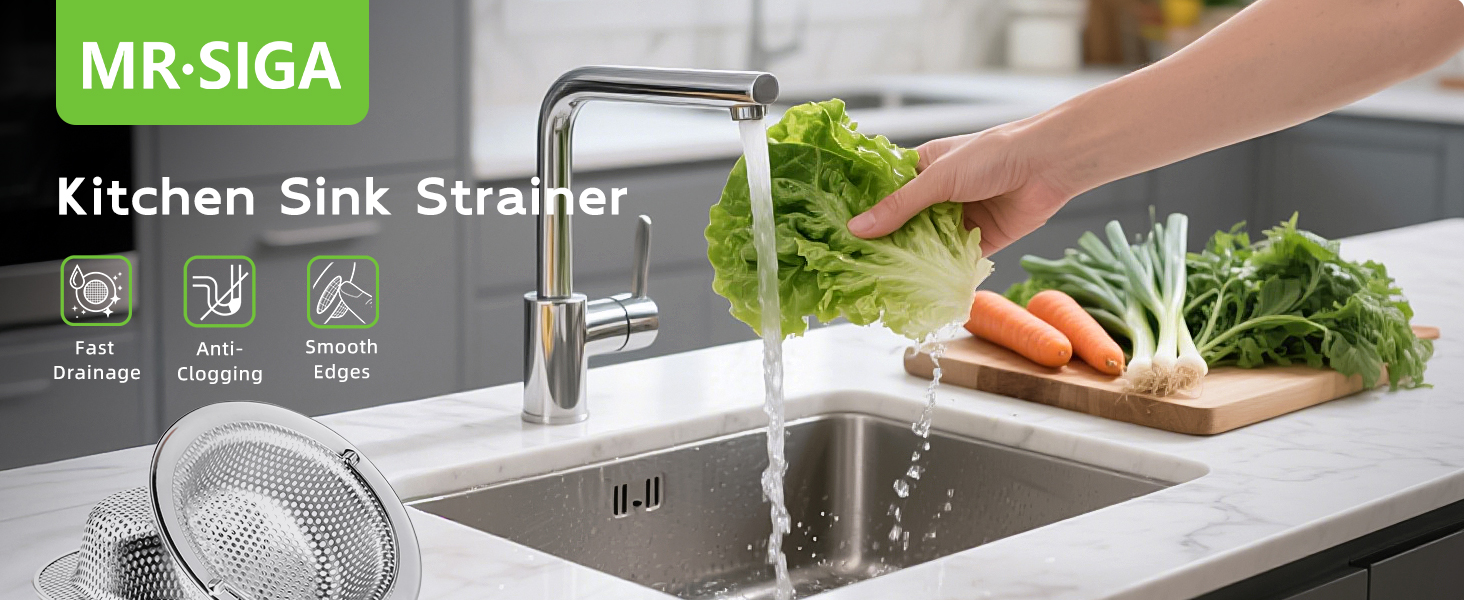 Text reads 'MR.SIGA Kitchen Sink Strainer'. Image shows hands disposing vegetable scraps into kitchen sink with strainer basket installed.