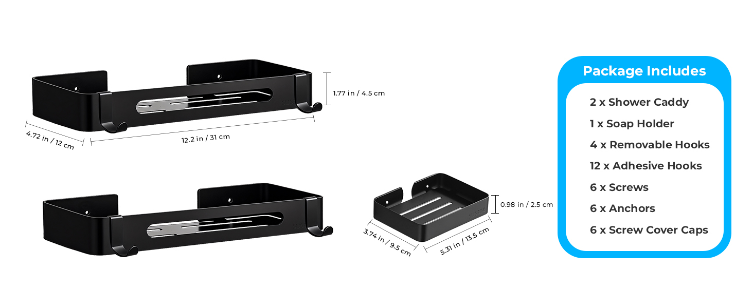 package includes 2 matte black shower shelves, 1 soap holder, 4 removable hooks, 12 adhesive hooks