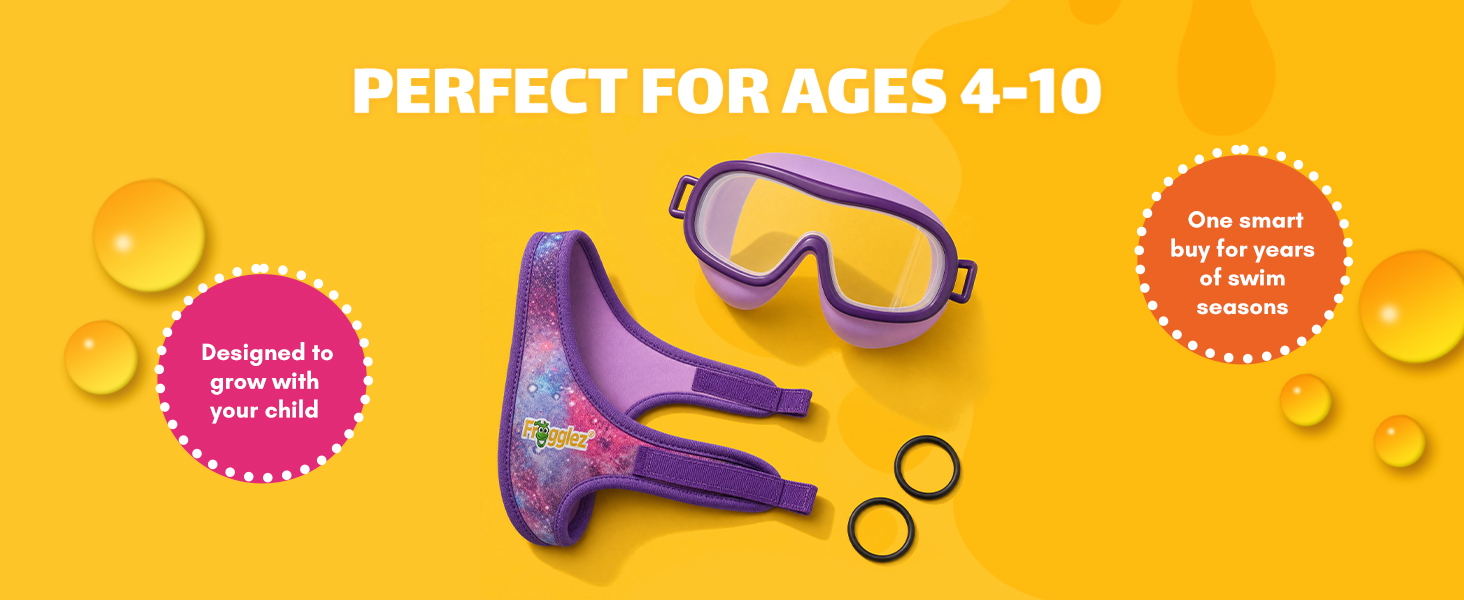 Red fabric swim goggle strap adjusted for a small fit for kids ages 3 to 5
