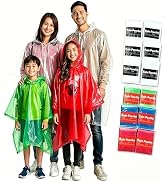 12-Pack Kids / Family Disposable Rain Ponchos with Hood, One Size Waterproof Lightweight Poncho f...