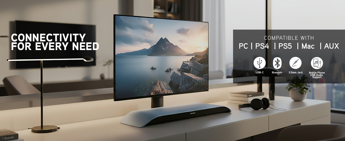 Soundblade desktop soundbar modern workspace with USB-C, Bluetooth and AUX connectivity icons