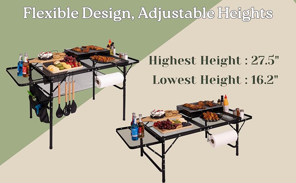 folding table, folding grill table, portable table, black table, 4 utensil hooks, picnic, bbq