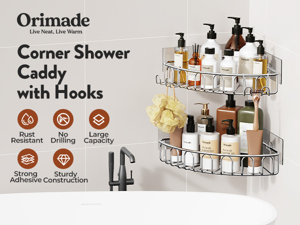 White bathroom caddy shown from multiple angles, featuring adjustable shelves and mounting brackets. Product displays various bathroom items and toiletries in organized arrangement.