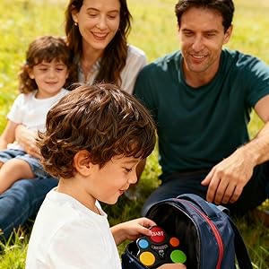 Family playing the Light &amp;amp; Sound Memory Game together at home.