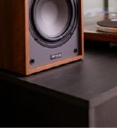 Bottom half of the Dayton Audio Classic Bluetooth Speaker sitting on a tv stand
