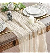 Artoid Mode Pearl Beige Gauze Table Runner 120 Inch 10FT, Seasonal Sheer Dining Holiday Wedding B...