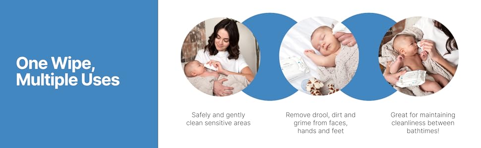 Safely and gently clean sensitive areas to remove drool, dirt and grime from face, hands and feet