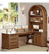 SEDETA 67" L Shaped Desk with Tall Arched Bookshelf, Mid-Century Office Computer Desk with 3 Draw...