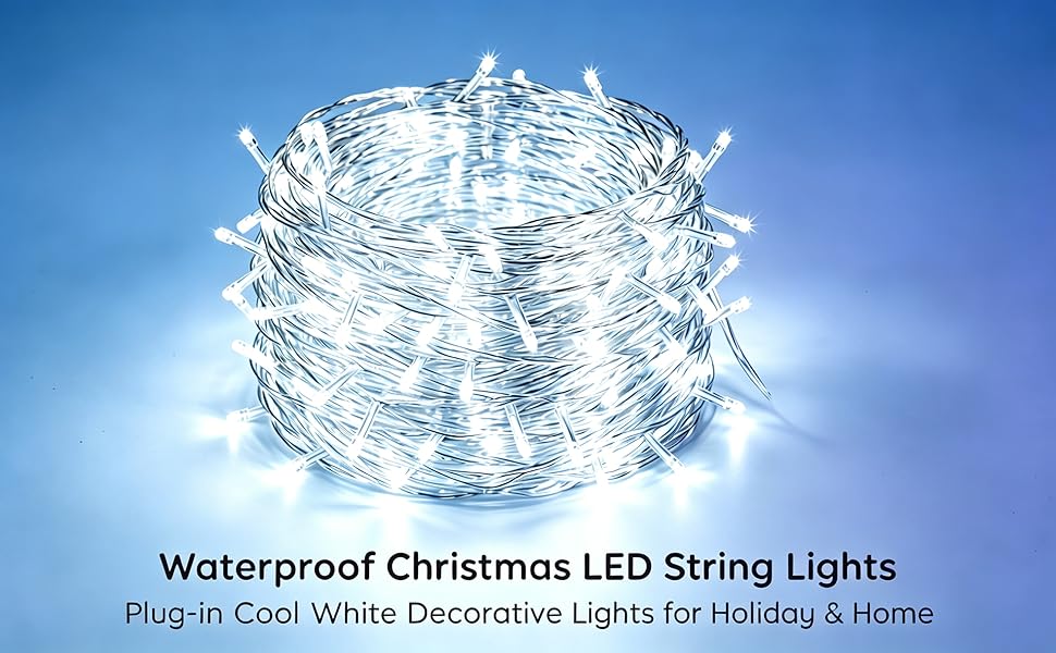 Waterproof Christmas LED string lights, plug-in cool white decorative lights for holiday &amp; home