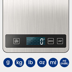 Digital kitchen scale with stainless steel platform and LCD display showing 0.00. Buttons for on/off, zero, and unit selection. Measures in g, kg, lb, oz, and ml.