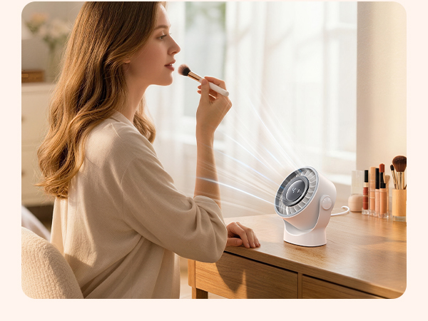 Warm-toned interior scenes showing person using white electronic device near window, multiple angles of product use in home setting.