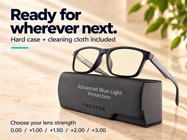 ZR-970 glasses on the included PROSPEK hard case, with available lens strengths.