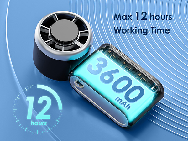 Text reads "Max 12 hours Working time" and "12 hours". Image displays black circular device next to smartphone showing "8800" with blue charging indicator and circular timer graphic.