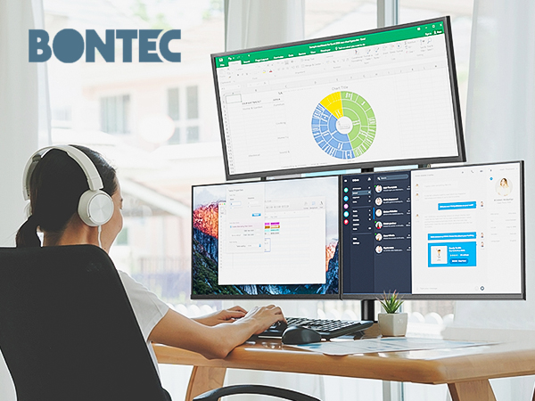 Dual monitor workstation setup displaying data analytics dashboard with pie charts and graphs. Bontec company logo visible.
