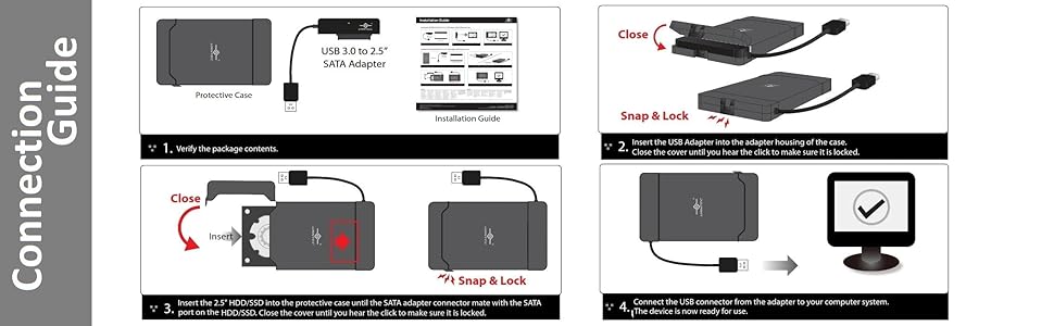 tool free design, USB 3.0, Type A, SATA III, 2.5", SSD, HDD, 6Gbps, snap lock casing, Bus-powered