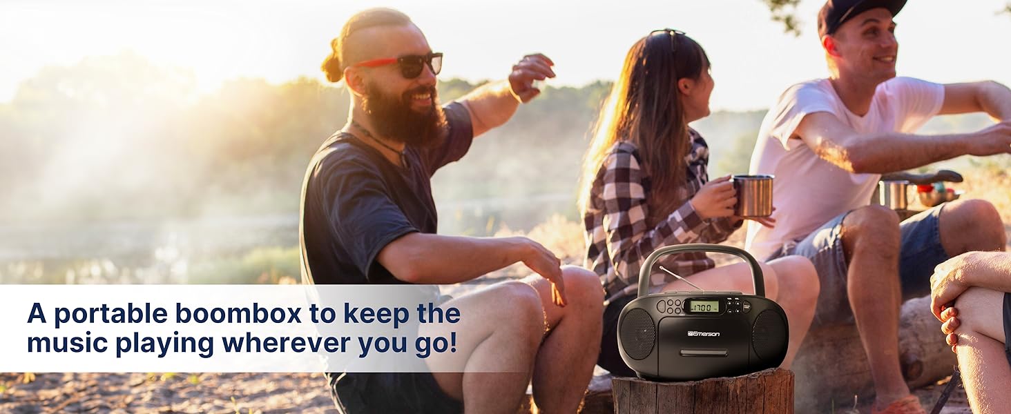 Portable Boombox keeps the music playing wherever you go. For indoor or outdoor use with friends.
