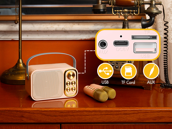 Portable speaker with retro design, featuring USB, TF Card, and AUX ports. Gold microphones visible. Vintage telephone and lamp in background.