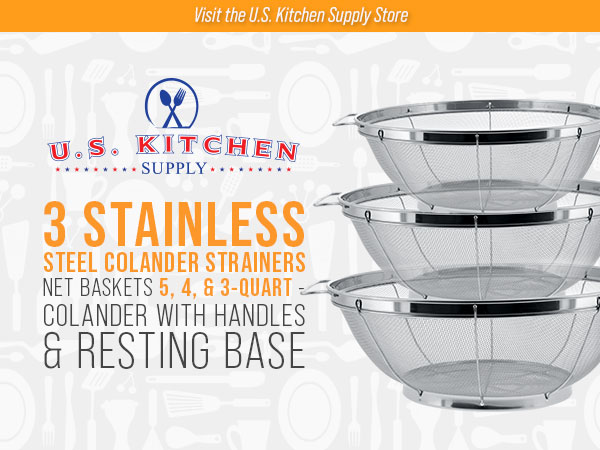 Stainless Steel Colander Set 3 Pack – Mesh Strainers 5 4 3 Quart with Handles &amp; Resting Base