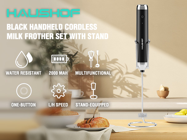 Black Handheld Cordless Milk Frother Set with Stand