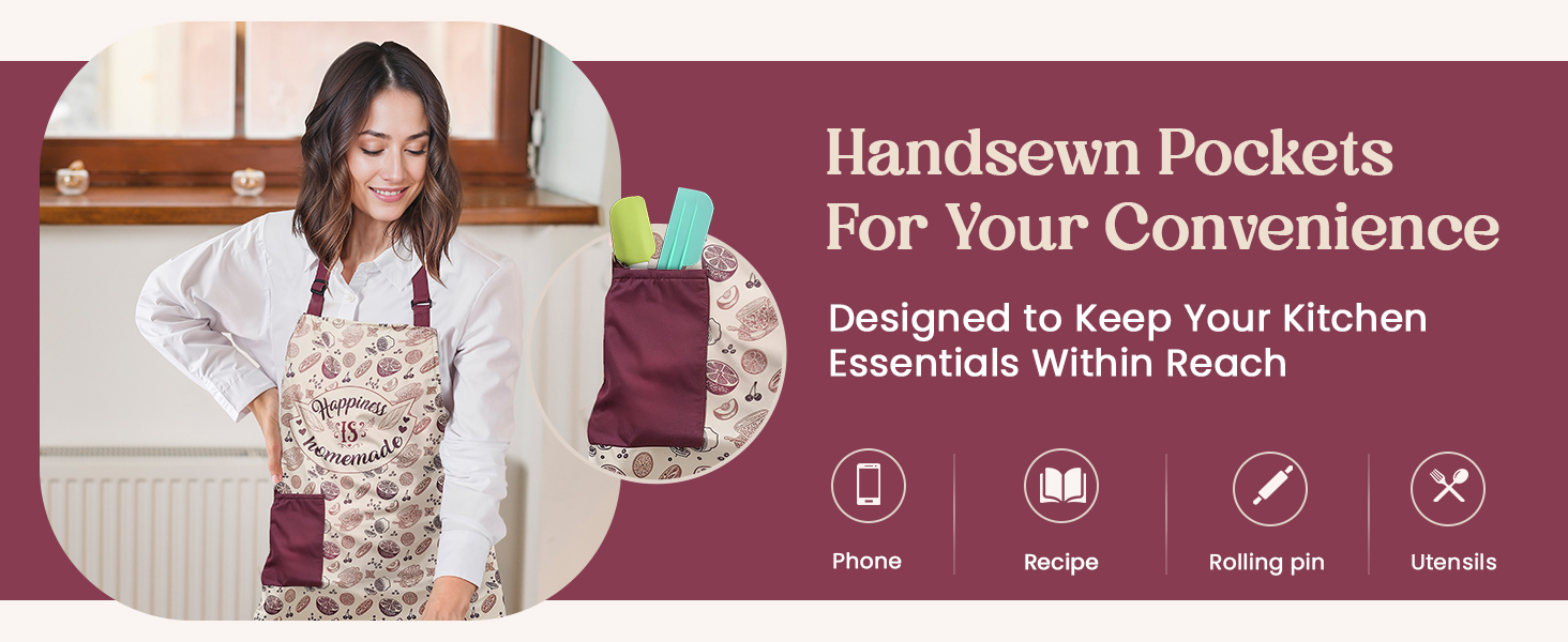 Cooking apron for women with deep handsewn pocket to keep kitchen essentials within reach.