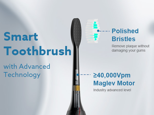 Electric toothbrush with polished bristles and 240,000Vpm Maglev motor. Features advanced technology for plaque removal without gum damage.