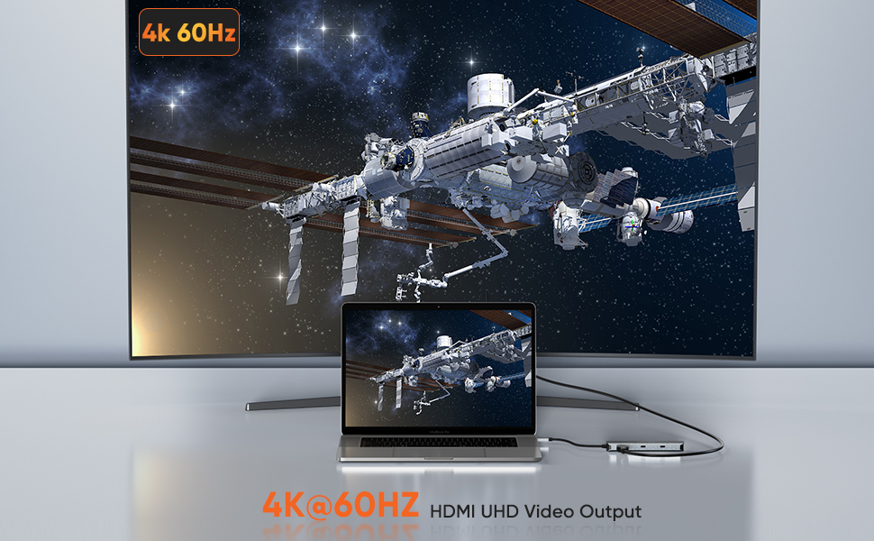 The HDMI port supports resolutions up to 4K@60Hz, content on HDTV, Monitor, or projectors. 