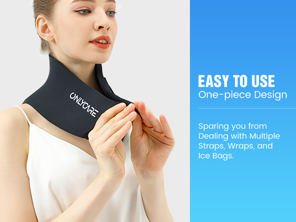 Black neck support brace with one-piece design, shown with product features text highlighting easy application without straps or ice bags.