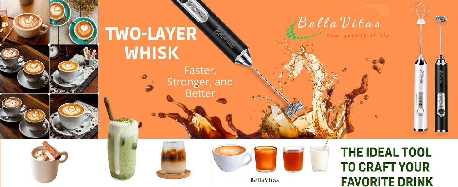 Black and white milk frothers with dual whisk attachments, coffee drinks, matcha